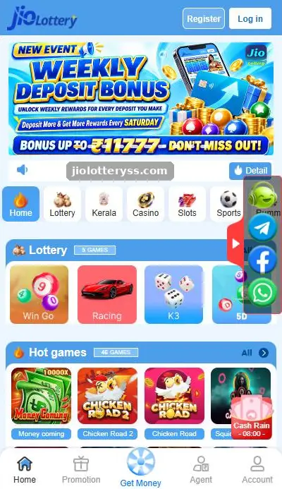 Jio Lottery game lobby showing Lottery, Casino, Slots and other categories