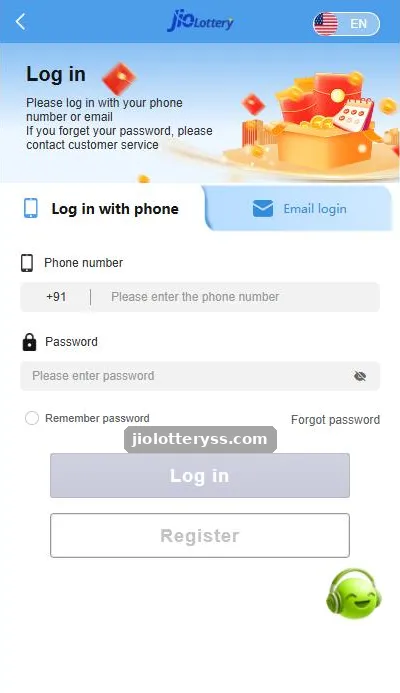 Jio Lottery login screen with phone and email login tabs