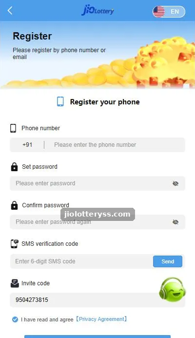 Jio Lottery register screen with invite code 9504273815