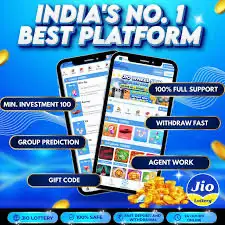 Jio Lottery home screen showing Lottery, Color Prediction, Mini games, Slots, Fishing, Casino and Sports categories